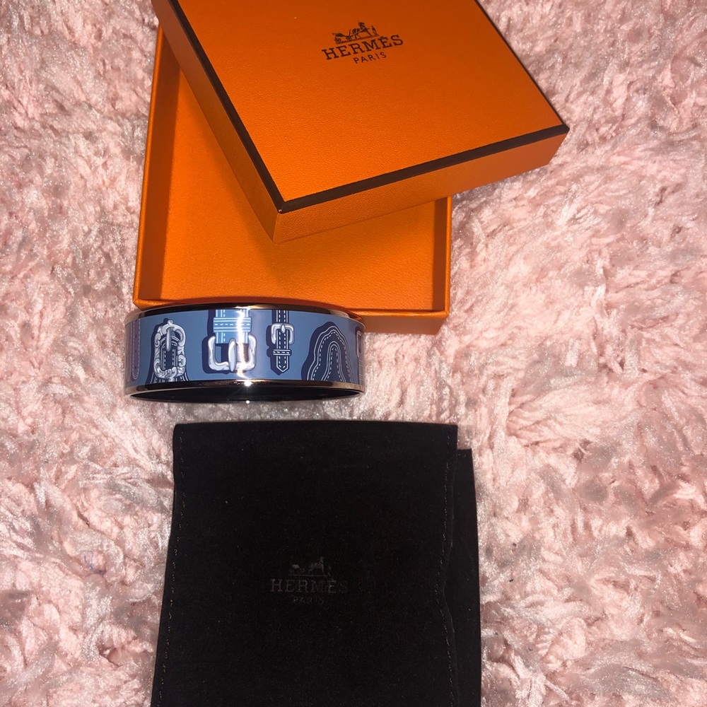 Hermès Bangle Enamel Bracelet/Blue/belt Print